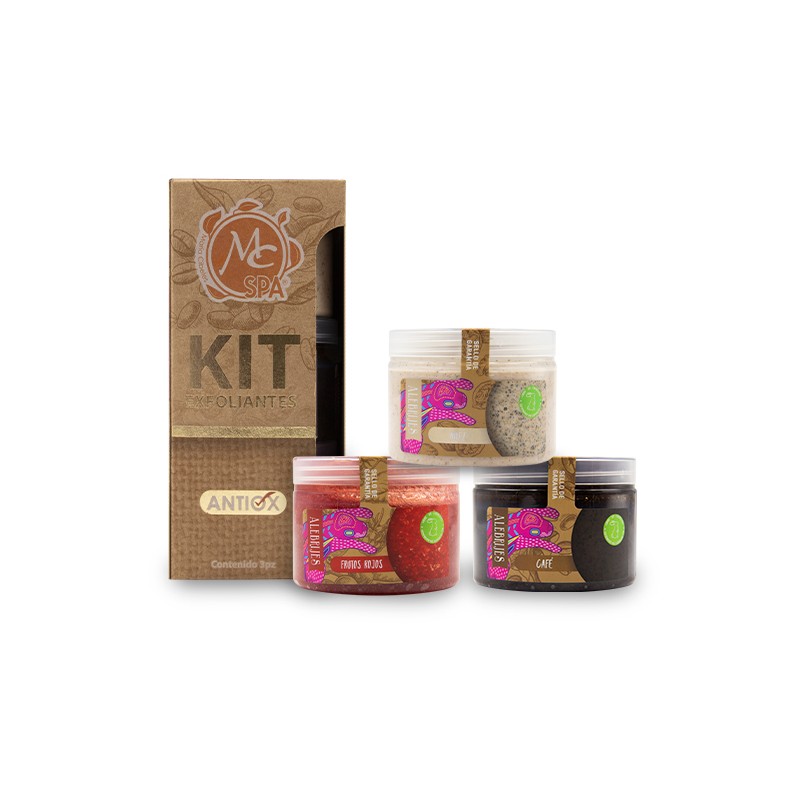 Kit de exfoliantes 3pzs de 150 grs c/u NUEZ LIGERO, CAFÉ MEDIO Y FRUTOS ROJOS PROFUNDO